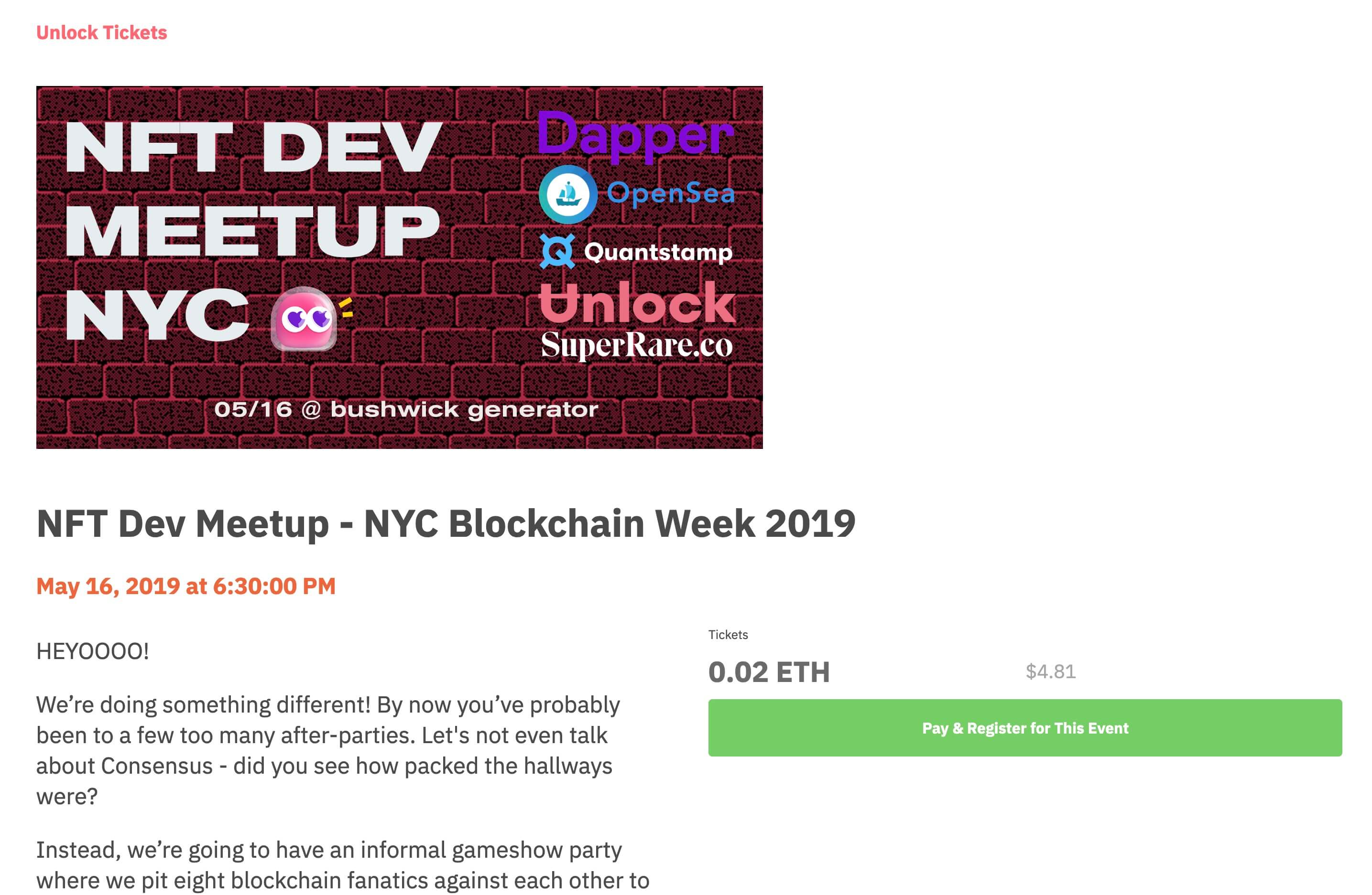 The NFT Dev Meetup ticket page.
